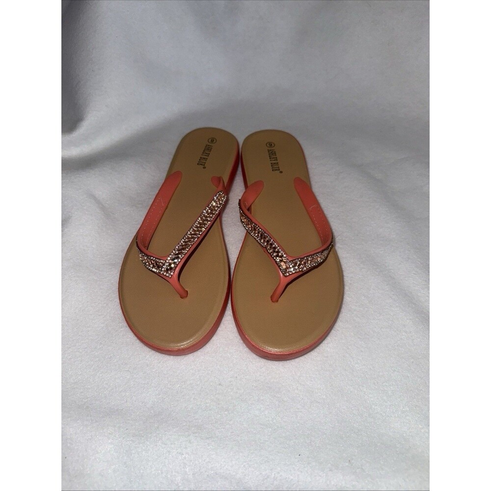 Womens Ashley Blue Salmon Beaded Rhinestones Jellies Flip Flops Sandals Sz 9 - Picture 2 of 12